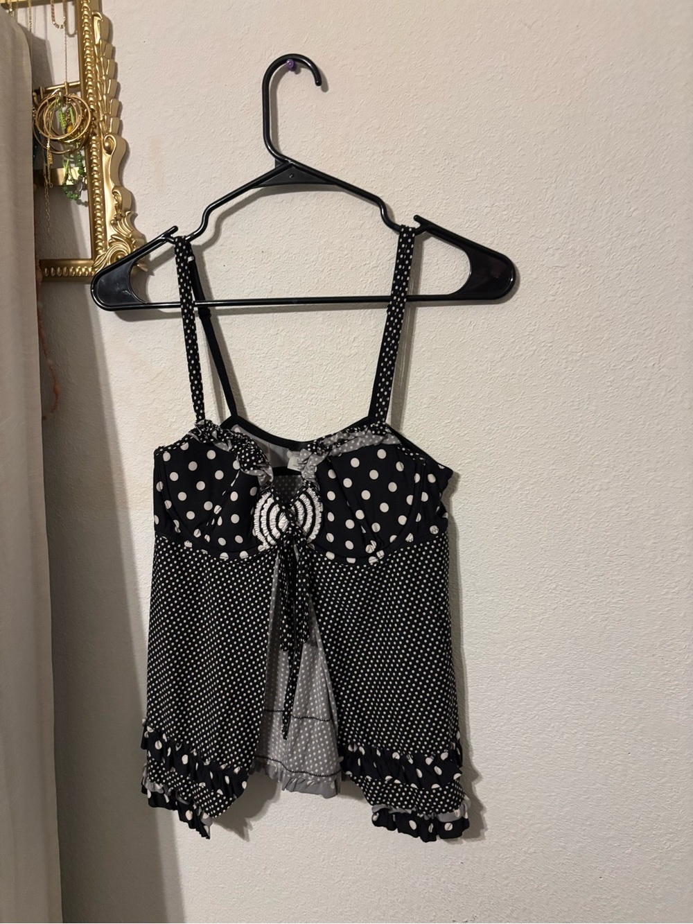 Black and White Polka Dot Cami Top with Tie Front